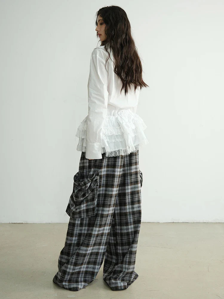 High Waist Wide Leg Plaid Cargo Pants With Pockets
