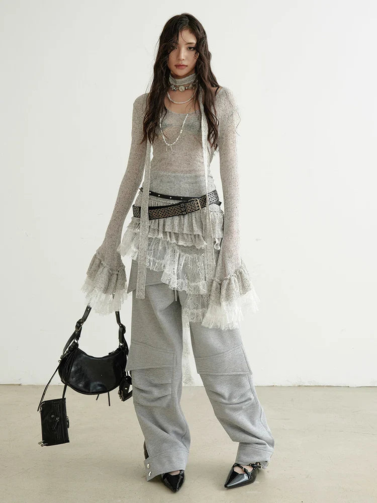Marri High Waist Knee Pocket Sweatpants Wide Leg Gray