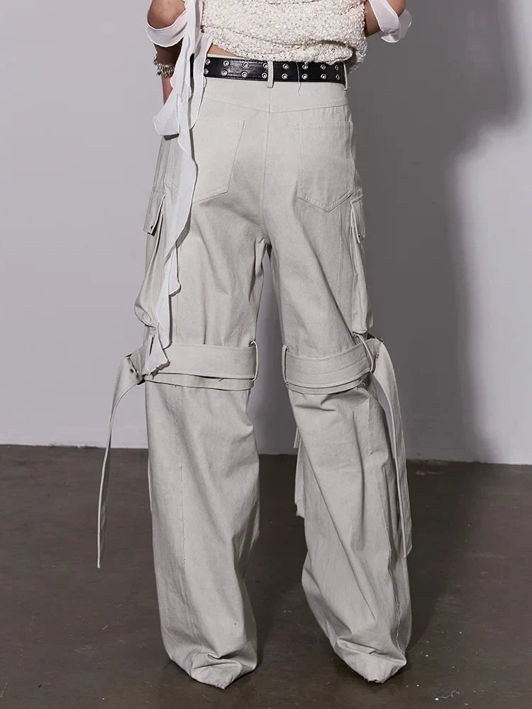 White Buckle Cargo Pants With Pockets High Waisted Streetwear Polyester