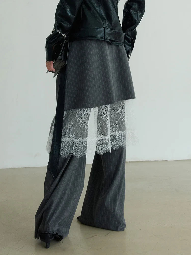 Gray Pinstripe Lace Panel Wide Leg Floor Length Streetwear Pants High Waist