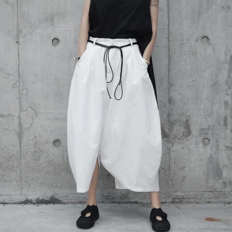 Yuruidesu Linen Ankle Pants Women Wide Leg High Waist With Pockets