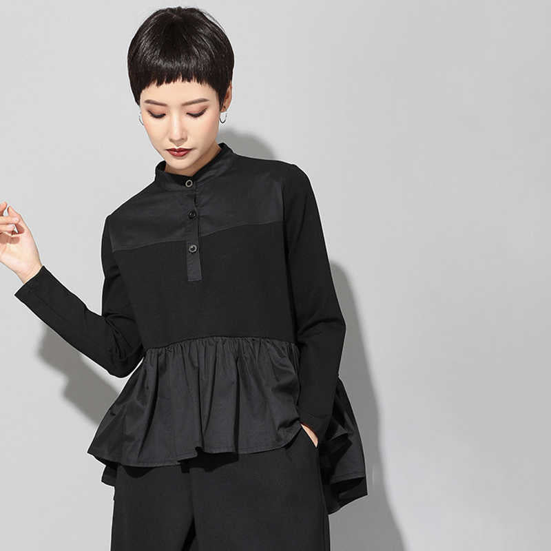 Homura Black Button Up Ruffle Shirt Stand Collar Cotton Jersey