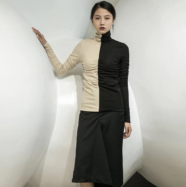 Mikki Cruella Ruched Turtleneck Top Black Tan Color Block