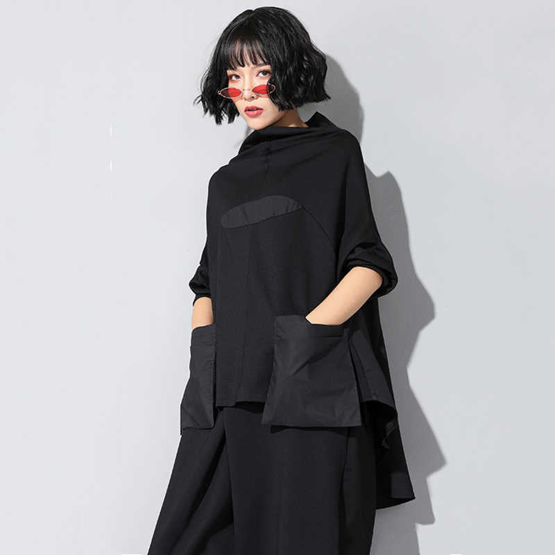 Black Cotton Jersey Turtleneck Shirt With Large Front Pockets