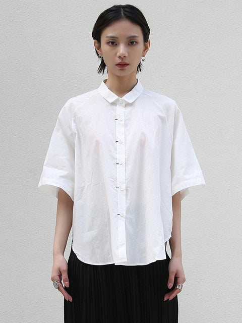 White Turn Down Collar Half Sleeve Blouse Casual Single Breasted Polyester