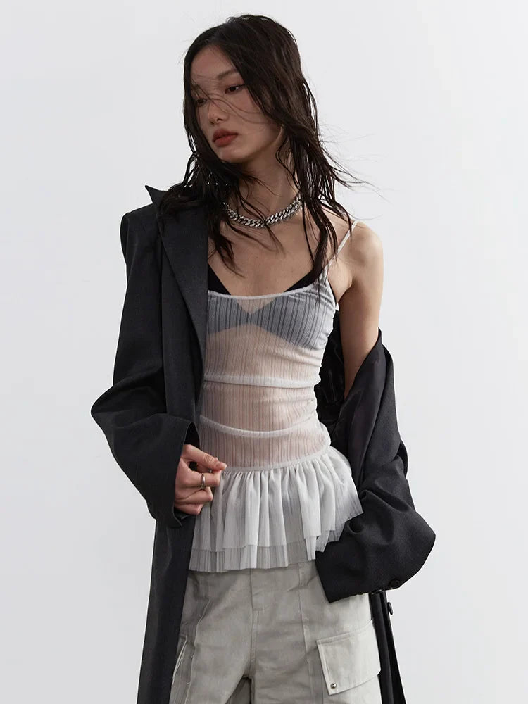 Carkladi Sheer Ruffle Top Casual Light Gray Polyester Spandex With Stretch