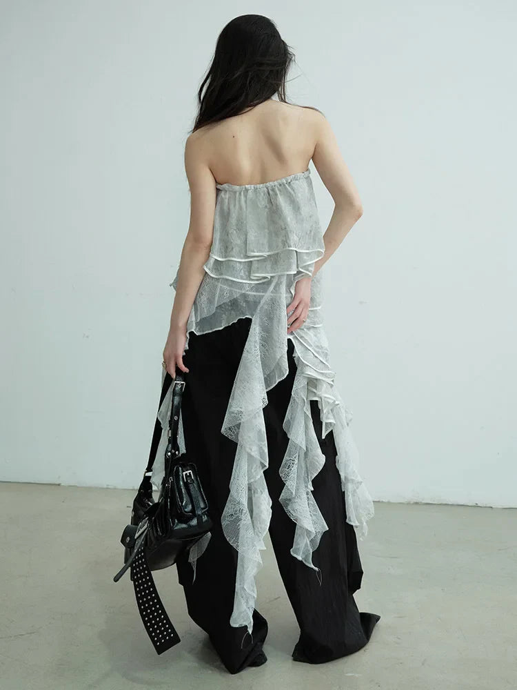 Cossett Light Gray Irregular Ruffled Layered Tube Top