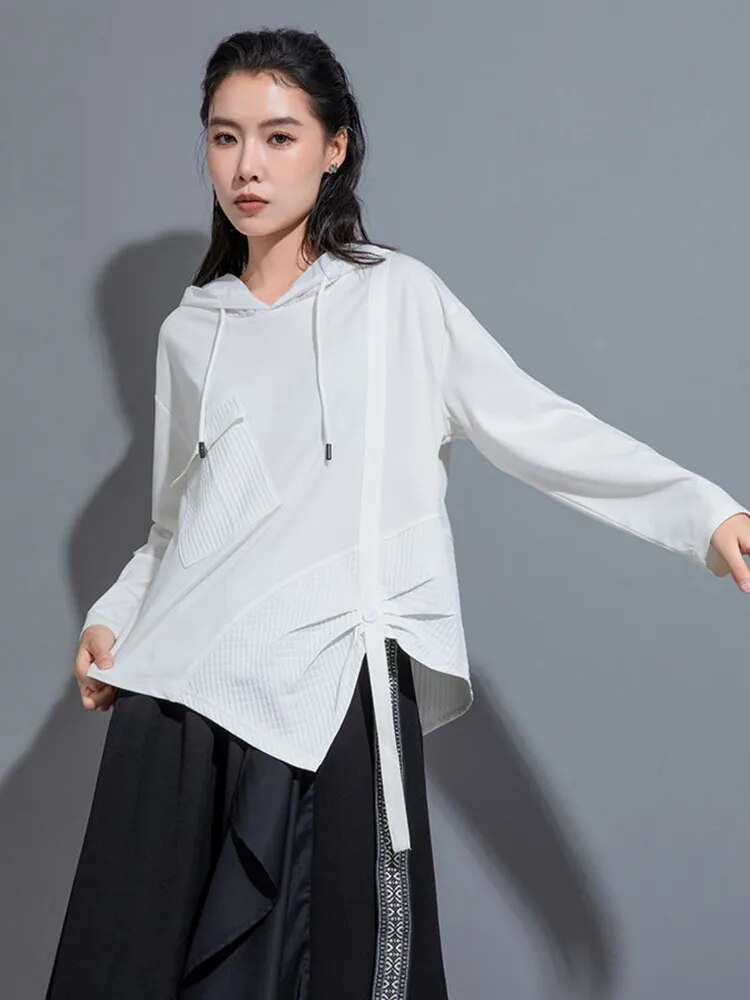 Hamarna White Hooded Pocket Rouched Hoodie For Casual Everyday Wear