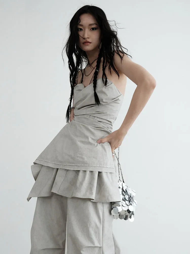 Hantuki Layered Tube Top Strapless Gray Polyester Sleeveless Casual