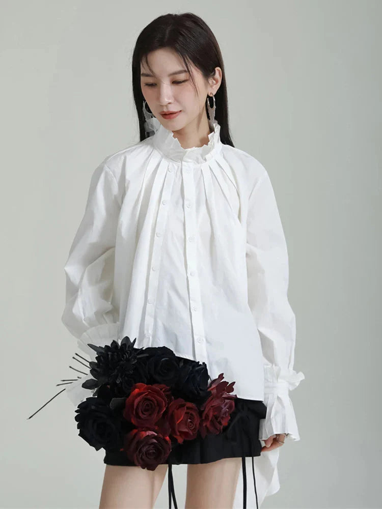 Ladada White Stand Collar Pleated Jersey Blouse Single Breasted