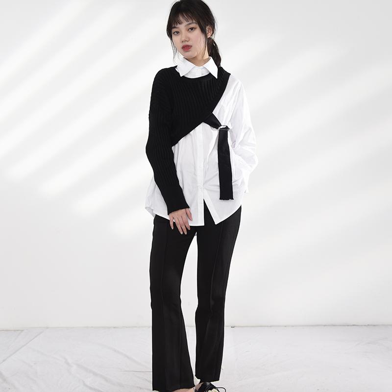 Manami Knitted Irregular Long Sleeve Shirt Black And White