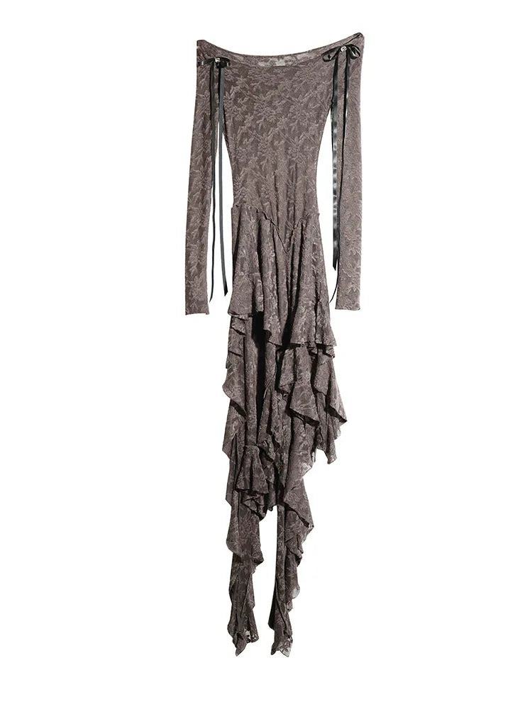 Mancaddi Sheer Lace Long Sleeve Slash Neck Dress Gray Brown