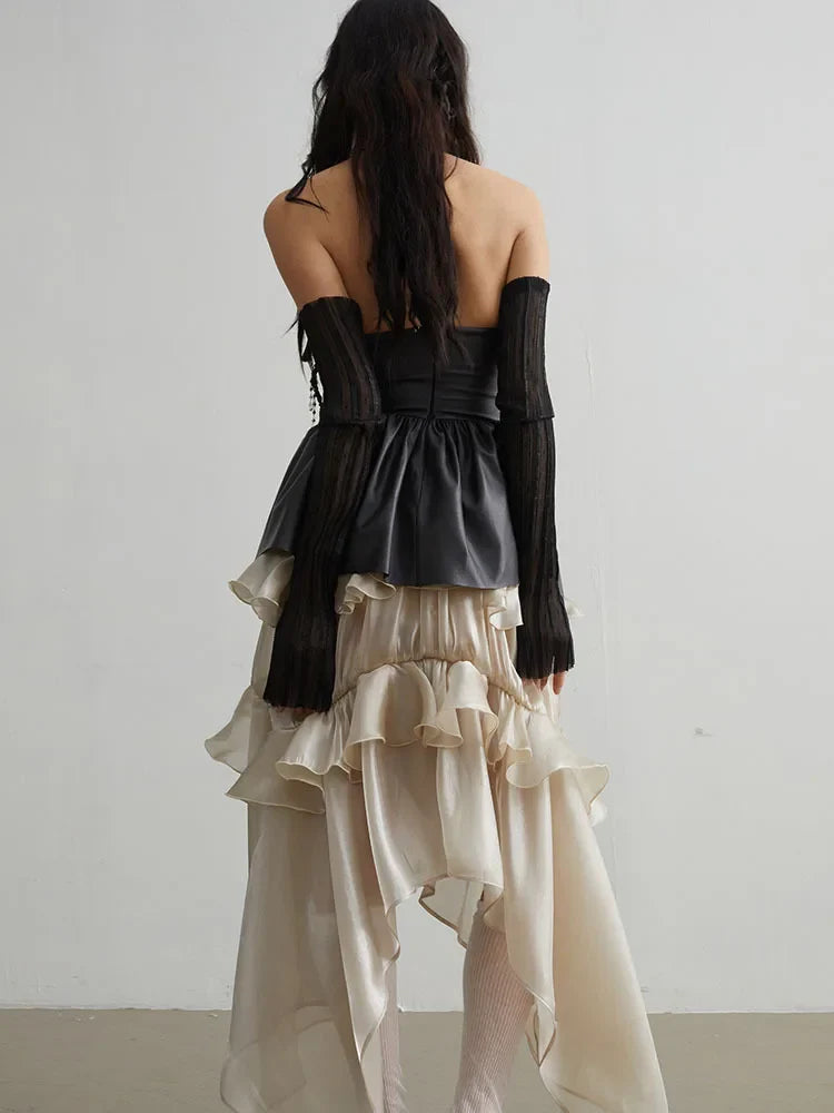 Naustia Black Vegan Leather Ruffled Tube Top Shirt With Stretch