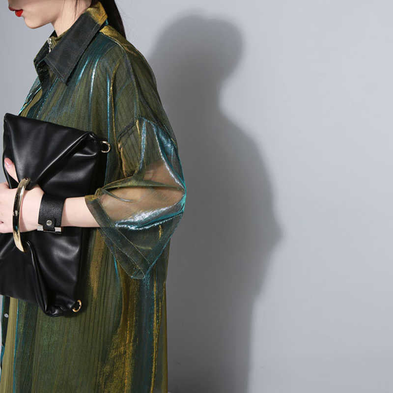 Reece Sheer Shimmer Shirt Dress In Gold Green Metallic