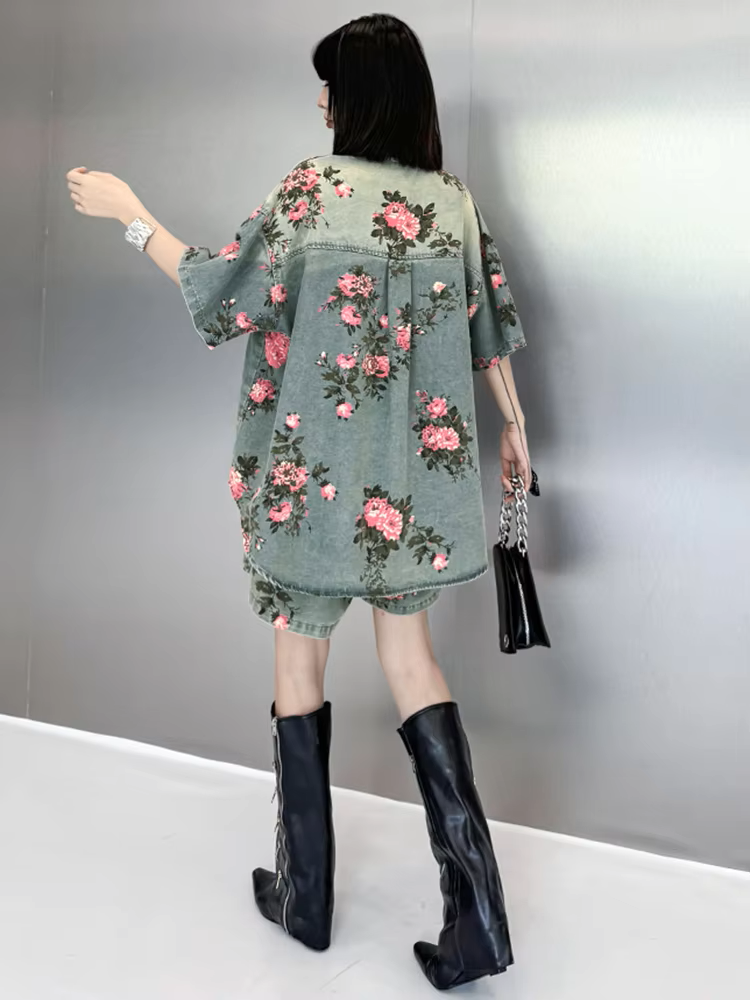 Rosette Rose Floral Denim Shirt With Pockets Turn Down Collar