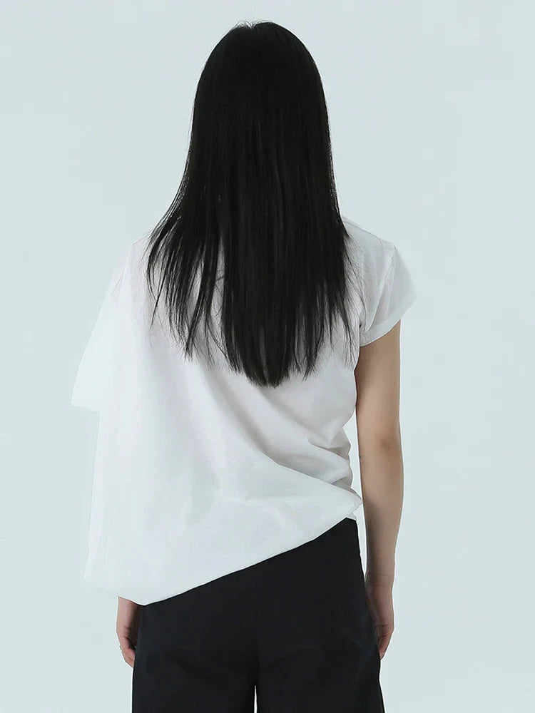 White Asymmetrical Round Neck Shirt With Short Sleeves Casual Top
