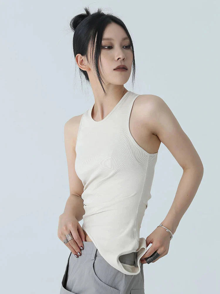 Khaki Irregular Tank Top Cotton Jersey Casual Sleeveless