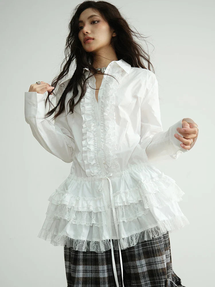 Sharley Lace Ruffle Blouse White Cotton Top With Turn Down Collar