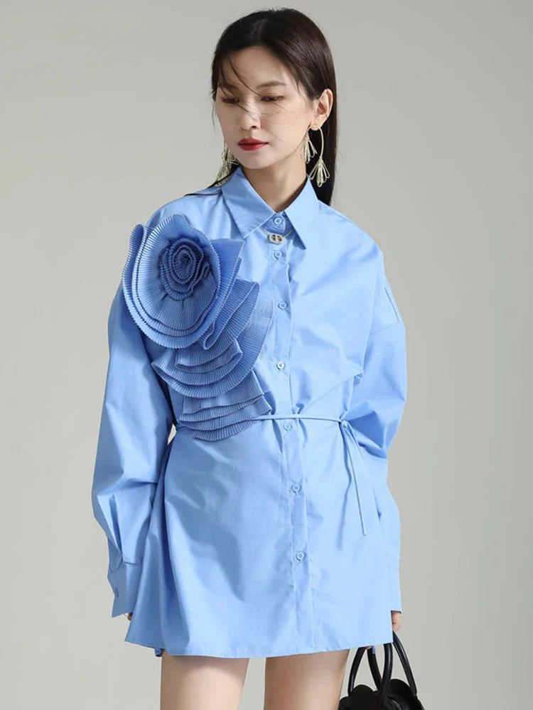 Sheltey Blue Ruffle Flower Shoulder Blouse With Turn Down Collar Long Sleeve