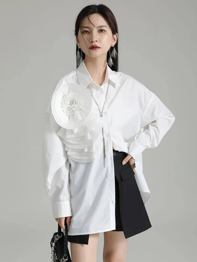 White Ruffle Flower Blouse With Statement Shoulder