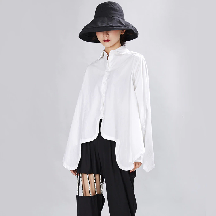 Sonoya Lapel Long Sleeve Irregular Hem Shirt Loose Fit Casual White Or Black