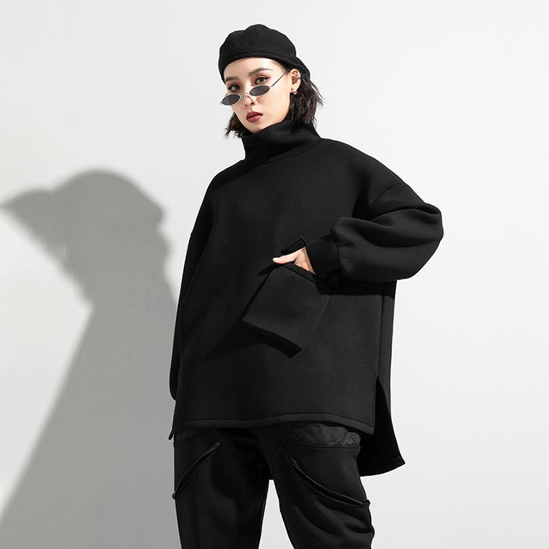 Tamaka Oversized Pocket Turtleneck Long Sleeve Shirt Black Cotton Blend