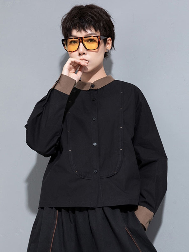 Black Button Front Blouse Polyester With Turn Down Collar For Casual Wear