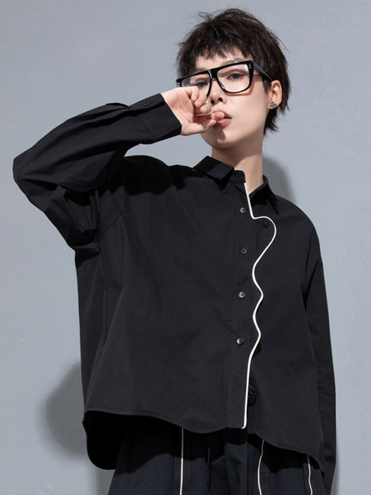 Denie Black Contrast Blouse With White Piping Button Front Turn Down Collar