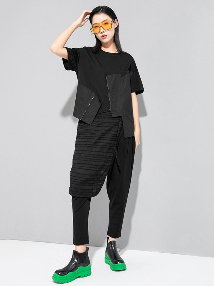 Lupee Black Zipper Shirt Short Sleeve Casual Top With Zipper Detailing