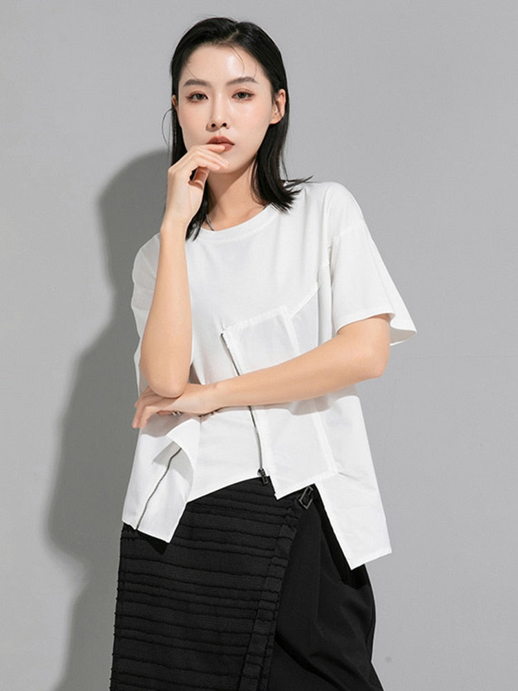 Lupee White Zipper Front Short Sleeve Shirt Casual Cotton Blend