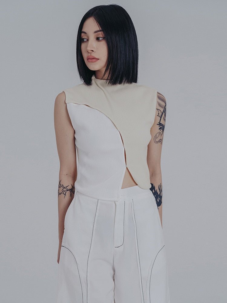 Slopee Irregular Cropped Tank Top Beige Solid Cotton Polyester