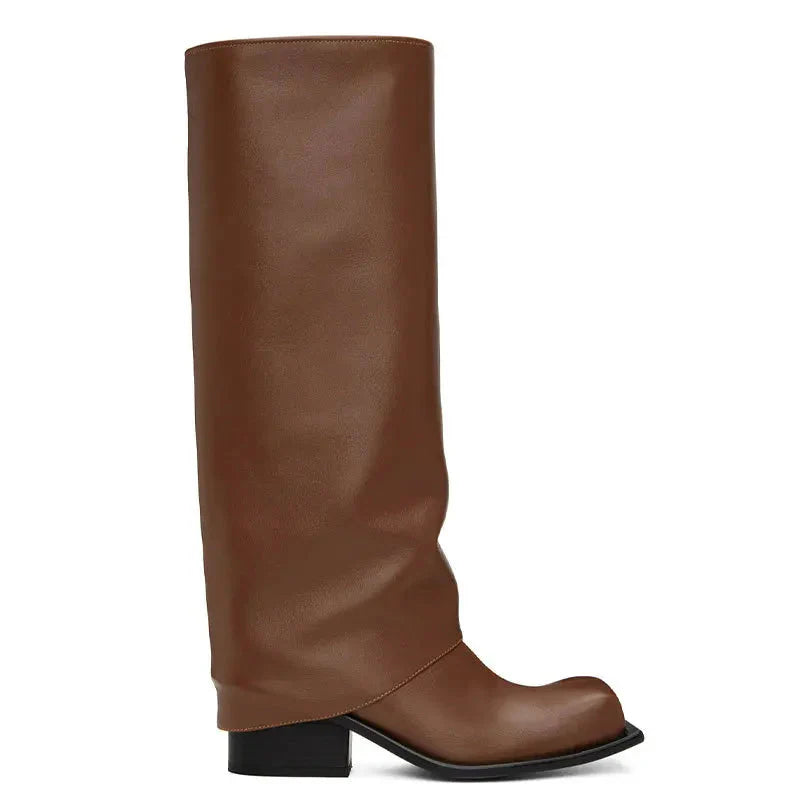 Baddie Barrel Brown Leather Knee High Boot For Women Retro Style