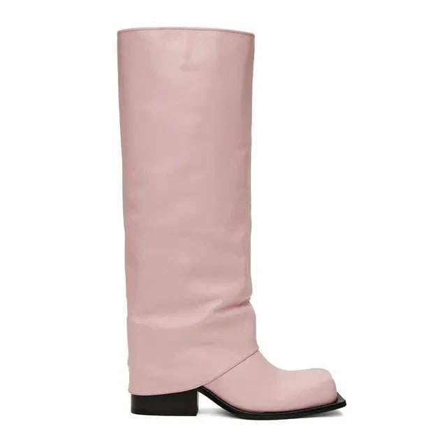 Pink Genuine Leather Barrel Boots Knee High With Platform