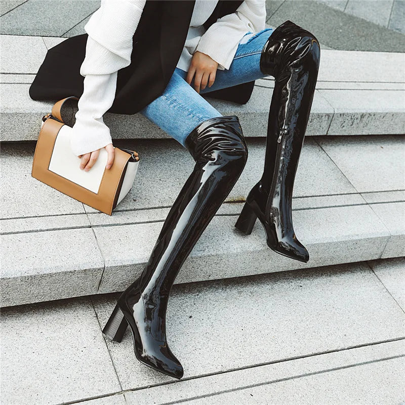 Salwa Black Patent Leather Over The Knee Boot With Square Heel