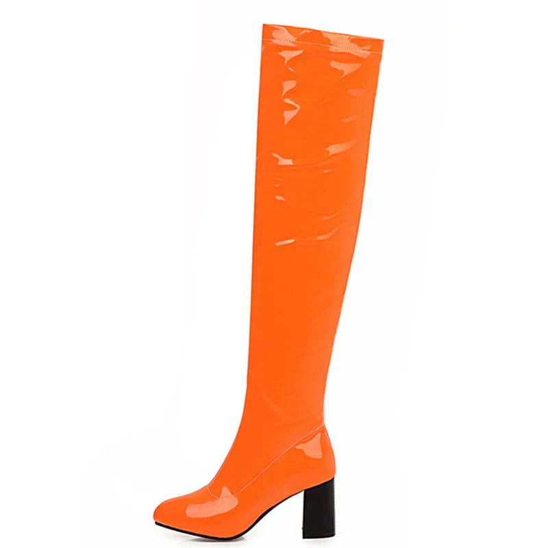 Salwa Orange Patent Over The Knee Boot With Square Heel