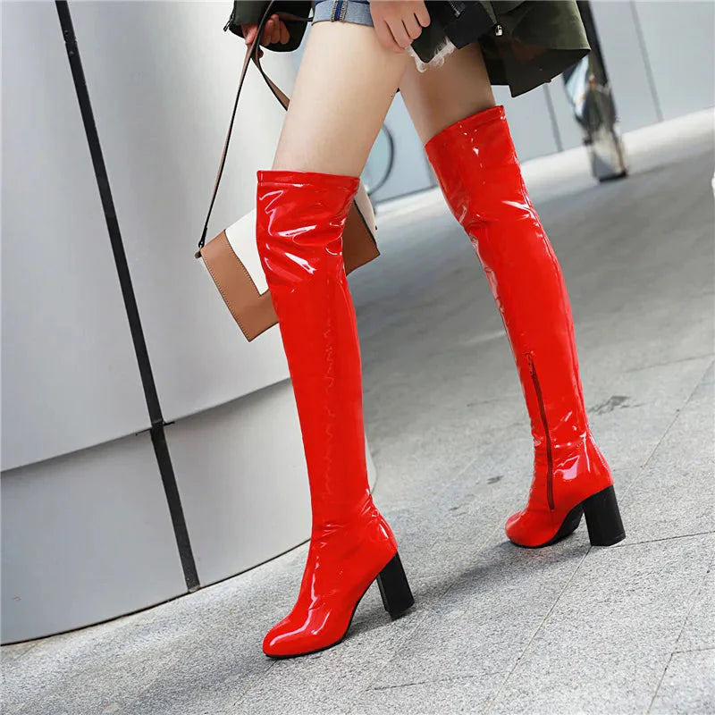 Salwa Red Patent Over The Knee Boot With Square Heel