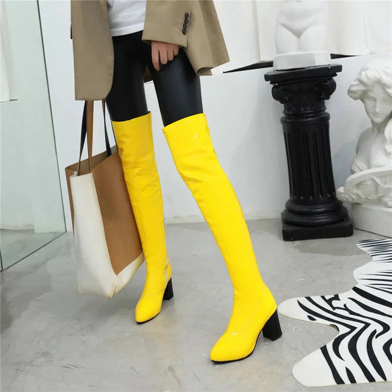 Salwa Patent Leather Over The Knee Boots Yellow Square Heel