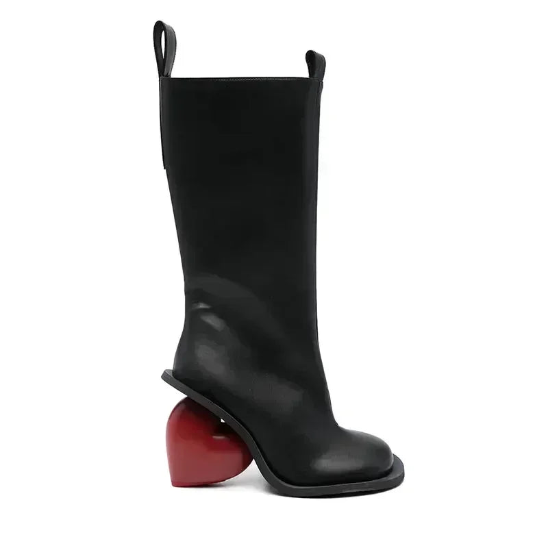 Taura Heart Heel Boots Black And Red Mid Calf Zip Closure Vegan Leather