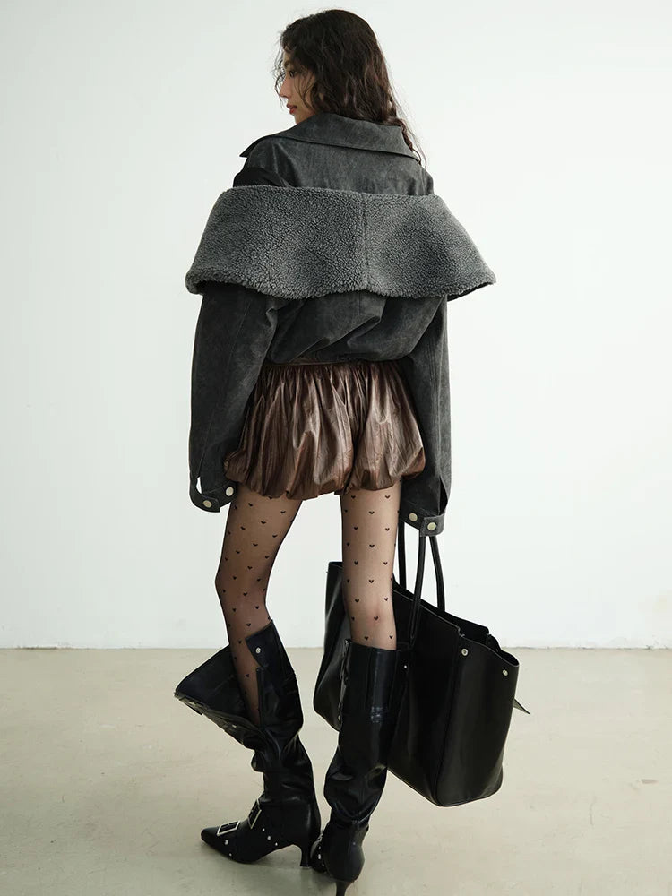 Bubbla Puff Shorts Elastic Waist High Rise Brown Polyester Streetwear