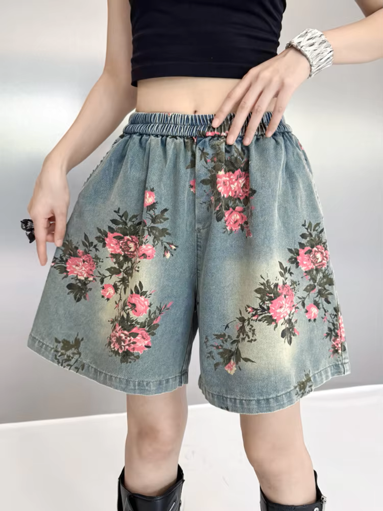 Casual Floral Denim Shorts With Elastic Waist Blue For Everyday Wear