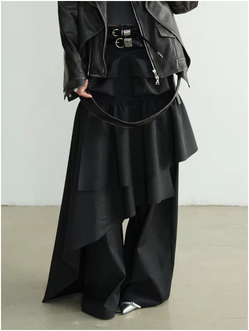 Reesthu Pleated Wide Leg Pants Black High Waist Floor Length Polyester