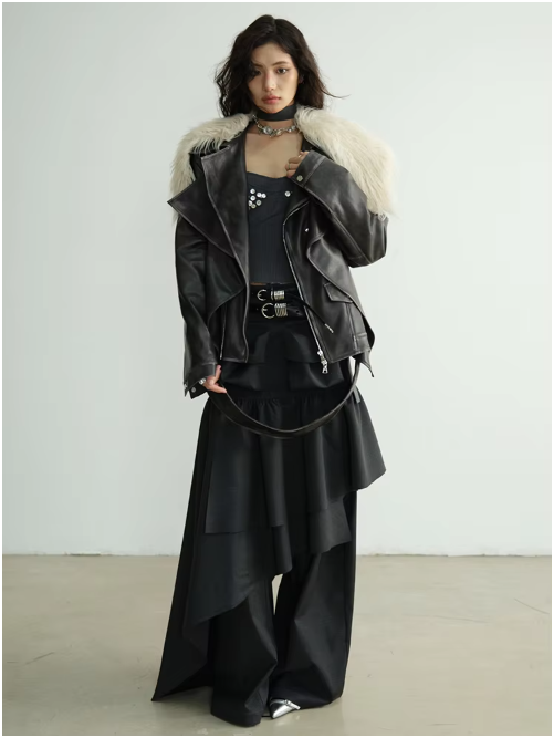 Reesthu Asymmetrical Skirt With Pockets Elastic Waist Streetwear Dark Gray