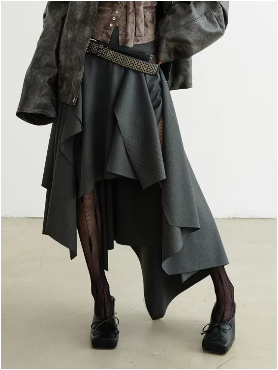 Bimbalay Ruffle Skirt With Empire Waist Mid Calf Length Belt Dark Gray