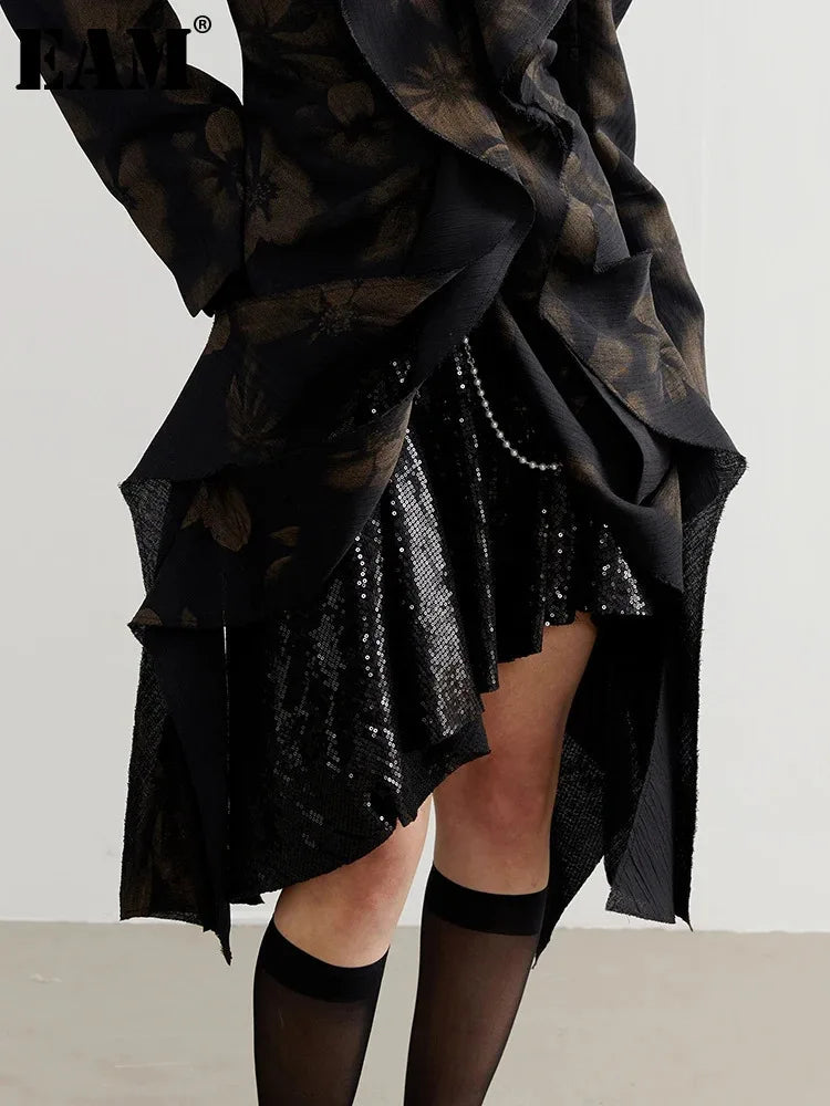 Bracadi Empire Waist Sequin Mini Skirt Asymmetrical Black