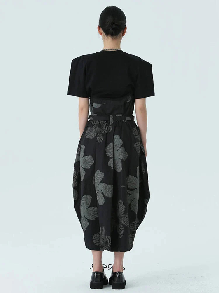 Empire Waist Floral Print Midi Skirt Black Cotton Polyester Loose Fit