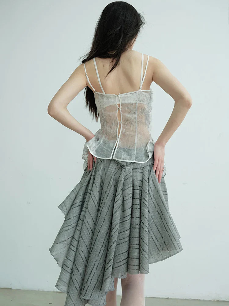 Charlie Layered Ruffle Skirt Gray Sheer Mini With Lace Hem