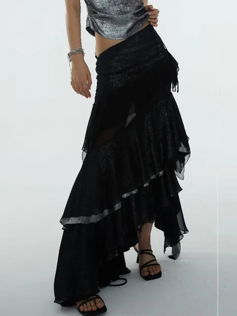Darceangelo Mesh Ruffle Skirt Empire Waist Floor Length Black