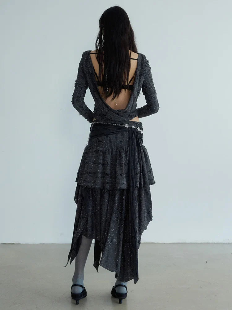 Drascadi Dark Gray Knit Sweater Skirt Set With Elastic Waist