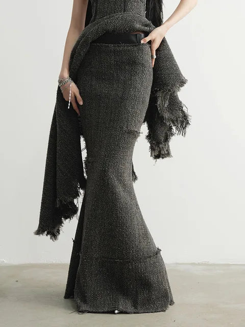 Frandie Long Frayed Skirt With Empire Waist Moss Green Floor Length