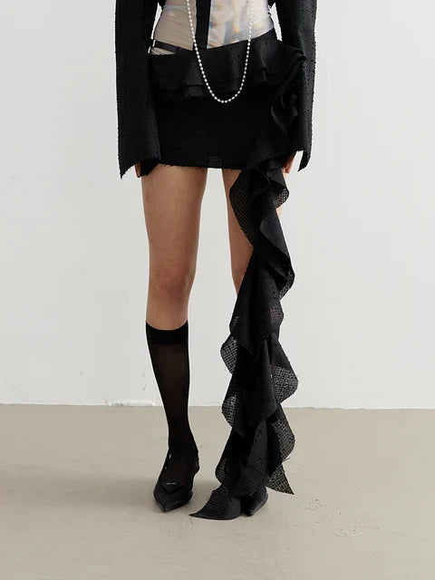 Manello Black Ruffle Mini Skirt With Asymmetrical Silhouette